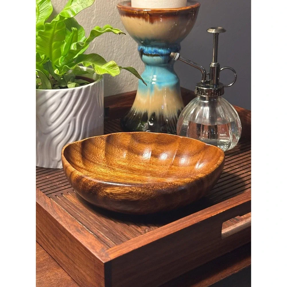 Vintage Hand Carved Wooden Bowl Scalloped Edge MCM Solid Wood